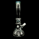 Wil Glass 16 inch beaker tube in clear glass with silver slyme accents and a blue and green colour lip wrap, full front view