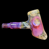 Fumed glass hammer pipe by @itsnotawaterpipe, Royal Jelly purple with gold and silver fume, full view showing the stem and bowl piece