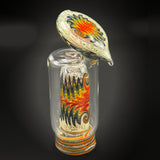 Andy G Puffco Peak top with rainbow line work reverse balls, three-quarter view on a dark ground