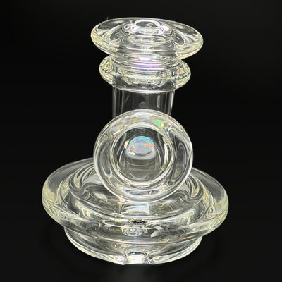 Baby Gorilla clear dry Puffco Peak top, the mouthpiece facing the camera, opal inside