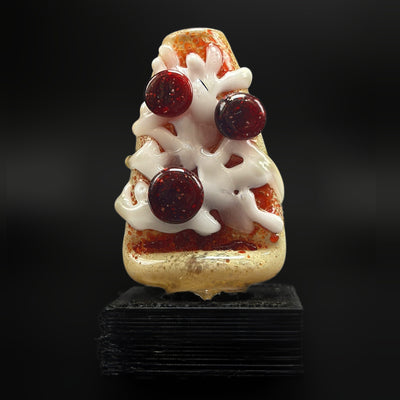 Biohazard Glass pizza Pivot top, a glass top for the Puffco Pivot shaped as a pizza slice with three pepperoni, on its 3D printed stand, front view