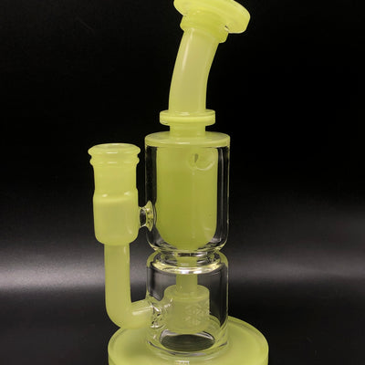 Rawzen Glass Torus recycler standing upright in yellow-green glass with a clear body and disc foot.