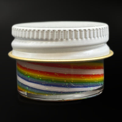 Empty 1 threaded glass jar with crushed opal and line work, white metal screw lid on, side view