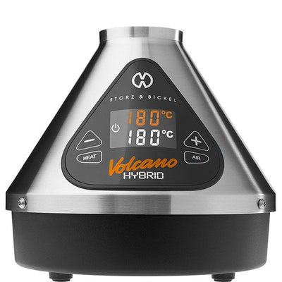 Storz & Bickel Volcano Hybrid vaporizer, front view, digital display reading 180C.