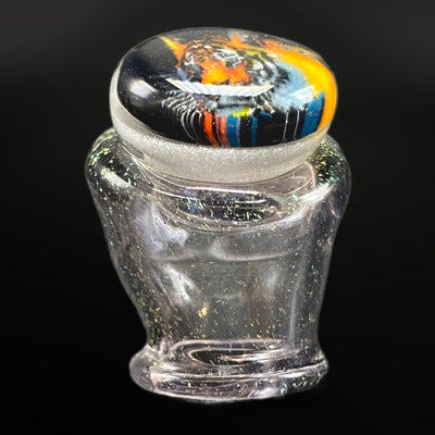 Glass top for the Puffco Pivot by @fun_king, a tiger millie under clear on top of a pale lavender body with sparkle through it, front view
