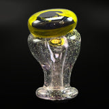 Glass top for the Puffco Pivot by @fun_king_glass, yellow and black under clear on top of a pale lavender body with sparkle through it, front view
