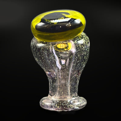 Glass top for the Puffco Pivot by @fun_king_glass, yellow and black under clear on top of a pale lavender body with sparkle through it, front view
