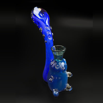 Gonzo Glass gummy bear Sherlock, a blue glass bear beside a cobalt stem with raised dots, front three-quarter view