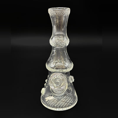 Hensley Glass clear skull stamped mini tube, six and a half inches tall, the 10 mm joint facing the camera