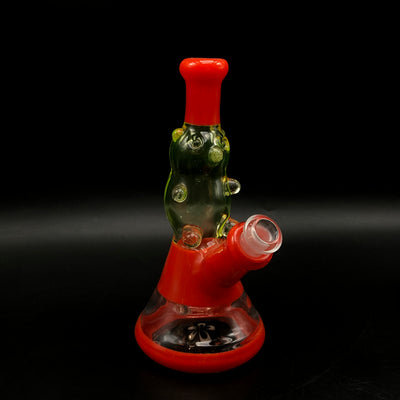Gonzo Glass Works gummy bear mini tube in red, with a green gummy bear sculpture on the neck.