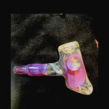 Fumed glass hammer pipe by @itsnotawaterpipe, Royal Jelly purple with gold and silver fume, full view showing the stem and bowl piece