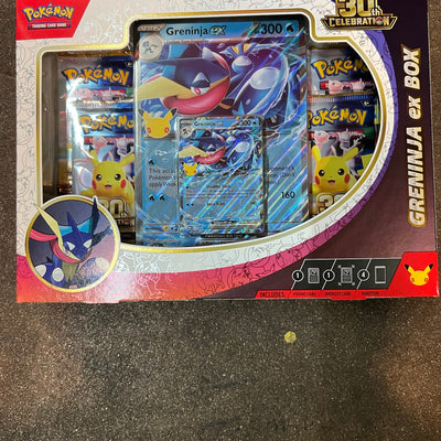 Pokémon TCG 30th Celebration Greninja ex Box, front, factory sealed, on the High Tide shop floor in Santa Barbara