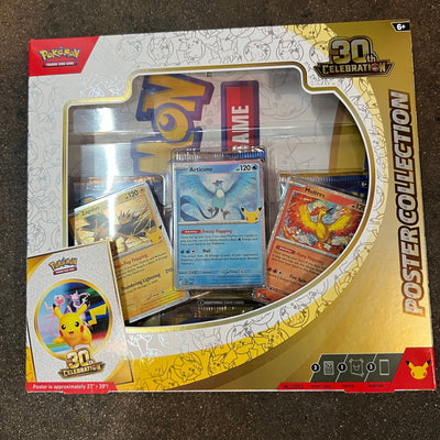 Pokémon TCG 30th Celebration Poster Collection, front, factory sealed, showing the Articuno, Zapdos and Moltres promo cards, on the High Tide shop floor in Santa Barbara