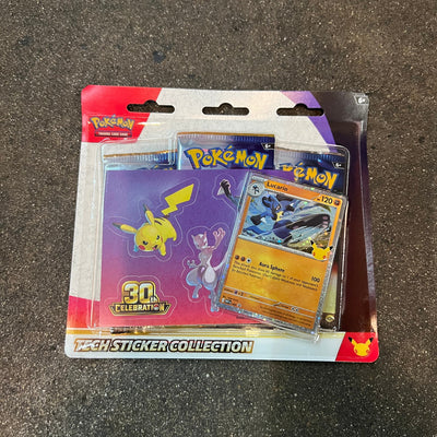 Pokémon TCG 30th Celebration Tech Sticker Collection, Lucario, front, factory sealed, on the High Tide shop floor in Santa Barbara