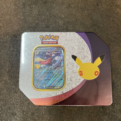Pokémon TCG 30th Celebration Tin, Greninja ex, front, factory sealed, on the High Tide shop floor in Santa Barbara