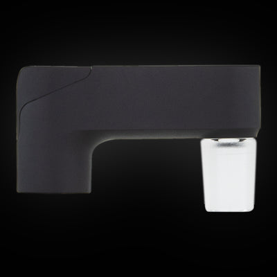 Puffco Pivot Glass Adapter in Onyx, seen from the side, matte black body with the clear glass joint below it.