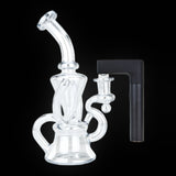 The Puffco Pivot Glass Adapter and a Pivot standing beside a clear glass rig, showing the kind of glass the adapter connects to.