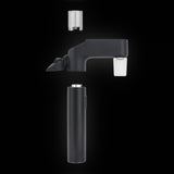 The Puffco Pivot Glass Adapter taken apart — quick-release chamber above, adapter body in the middle, Pivot below.