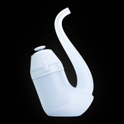 New Puffco Proxy 2026 Pipe Kit in Haze, frosted white glass pipe on the base, side view on a dark background