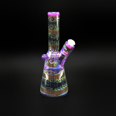 Talon Glass rig with reversal line work over Royal Jelly purple, full view with the joint on the right