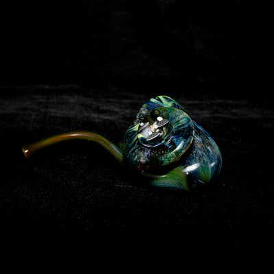 Nathan Miers space sherlock pipe in blue and green, with a long curved stem.