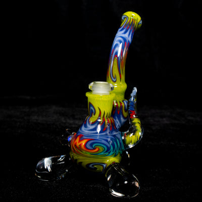 Hampton mini tri pod rig in yellow, blue and red linework, standing on three clear feet.