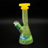 VP Glass mini tube in green glass with a yellow mouthpiece, six and a quarter inches tall, the 14 mm joint angled out to the left