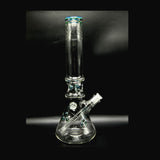 Wil Glass 16 inch beaker tube in clear glass with silver slyme accents and a blue and green colour lip wrap, full front view