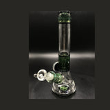 Side view of the hand blown green frit tube with its Dark Violet lip wraps and removable two-hole diffused downstem, shown with a bowl that is not included