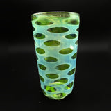 Wil Glass pint glass, green glass with silver fuming and dark green oval spots, full view