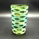 Second hand blown pint glass, paler green with teal oval spots under silver fuming, full view