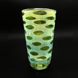 Second hand blown pint glass, paler green with teal oval spots under silver fuming, full view