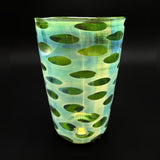 A third hand blown glass, deeper teal and blue with large green ovals under silver fuming, full view