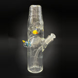 Side view of the clear Dabune bottle, duck marble at the left and the joint at the right