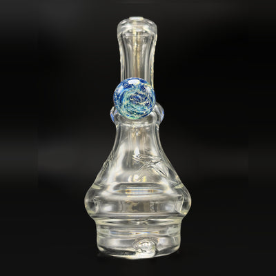 Wil Glass dry Puffco Peak top in clear glass, front view with the blue particle collider attachment