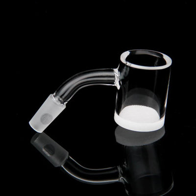 Highly Educated 25mm quartz banger, side view, bent neck and frosted joint, on black.