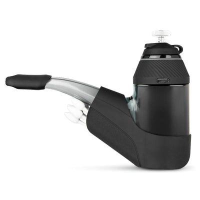 Puffco Proxy travel pack, the device and its glass stem held in a black rubber sleeve.