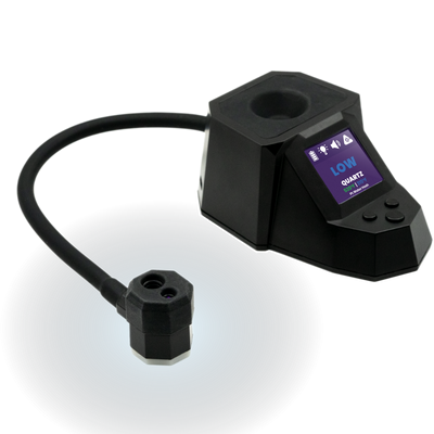 Dab Rite Pro digital thermometer, black base with screen reading LOW, sensor arm lit.